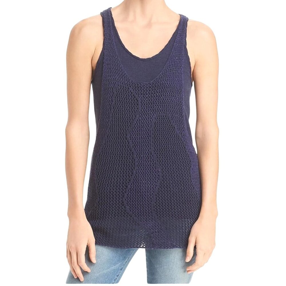 DONNA KARAN Womens Navy Textured Layered Sleeveless Scoop Neck Tank Large